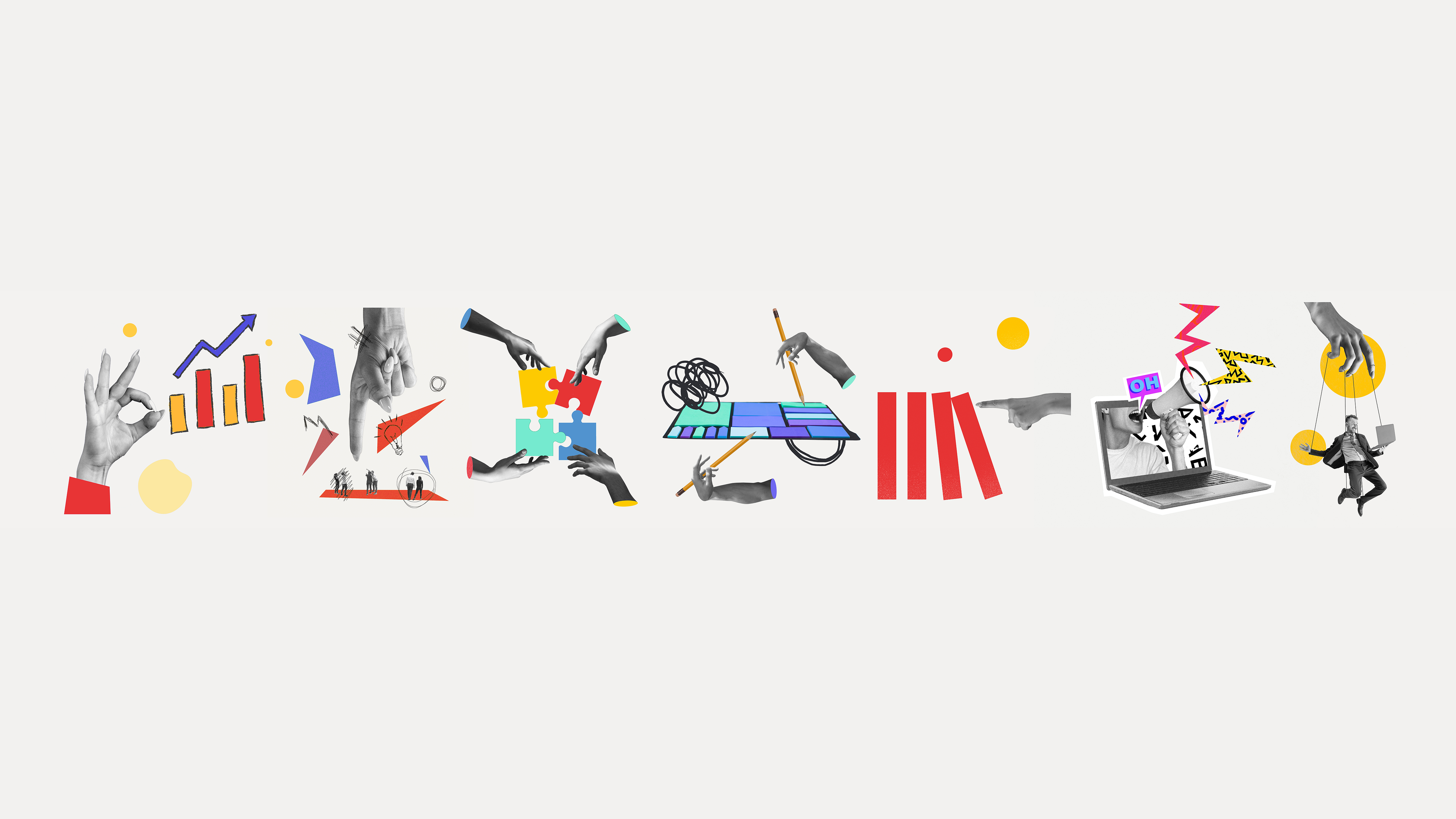 Graphs, puzzles, diagrams. Contemporary art collage made of shots of people, hands working