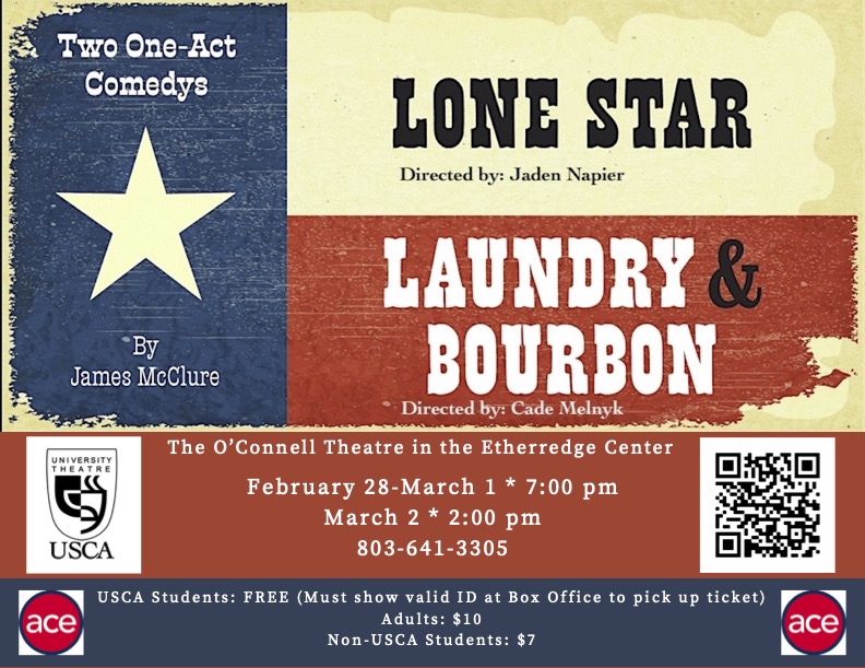 USCA's Theatre Players will present two one act comedies by James McLure, Laundry & Bourbon and Lone Star.