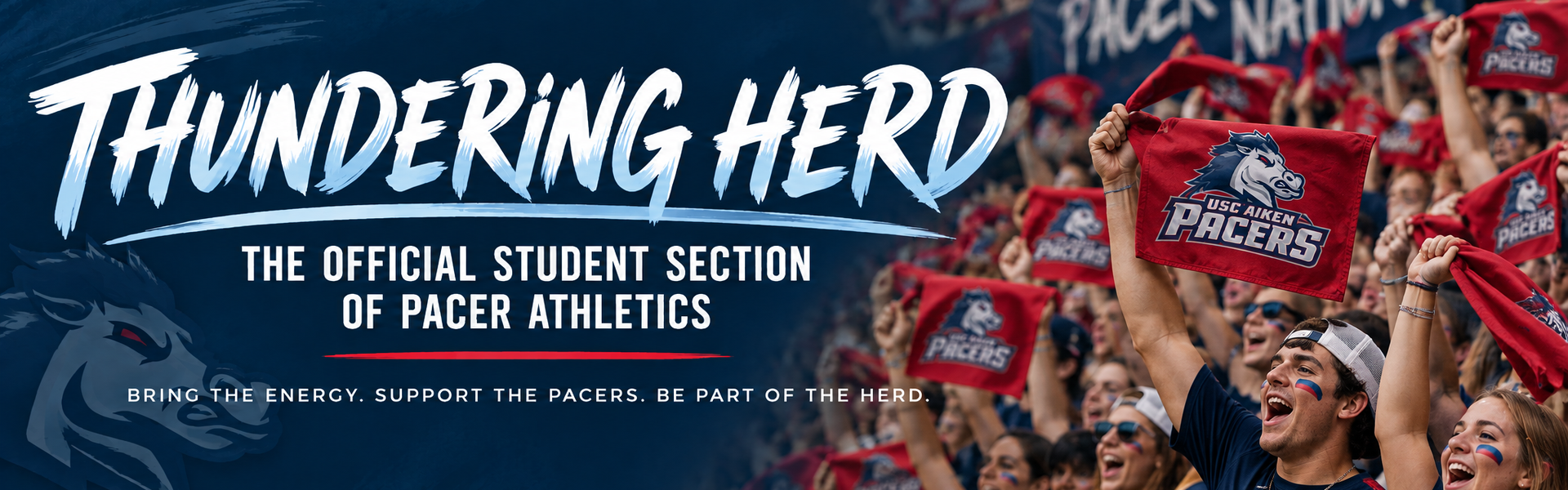Thundering Herd – the official student section of Pacer Athletics. Students cheering with USC Aiken Pacers rally towels.