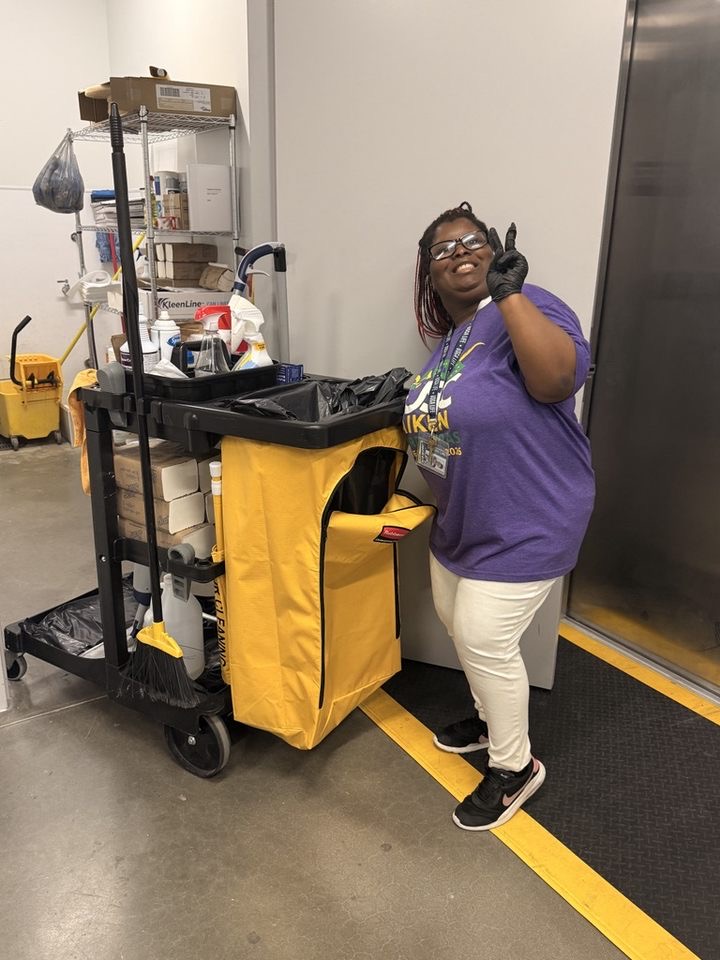 LIFE student working as a custodian for Allegiance Industries.