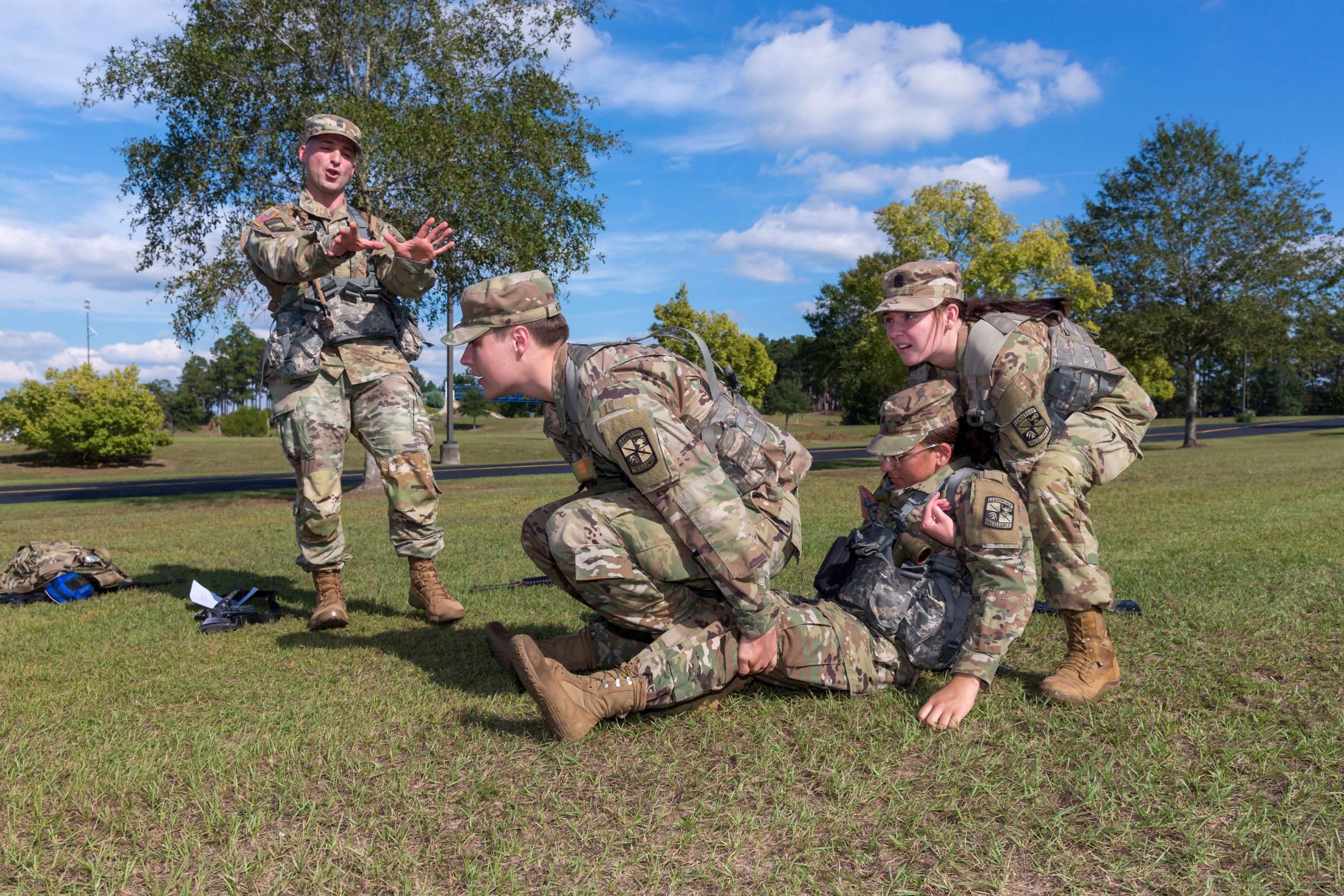 Cadets run through a series of practice manuvers to develop nursing skills